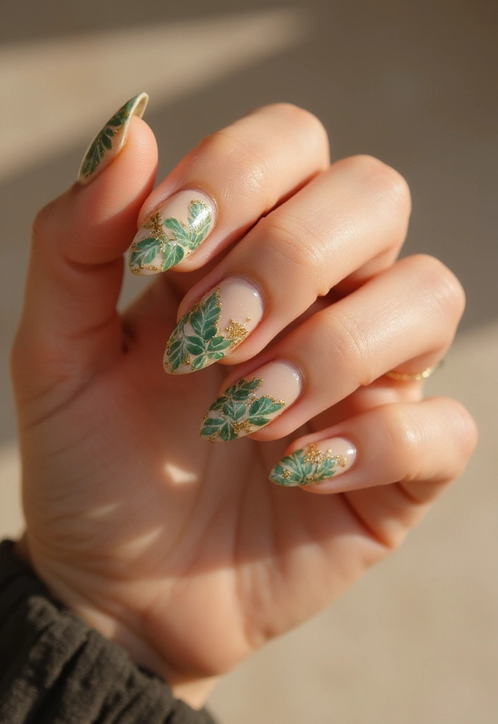 26 Warm Earth-Tone Nail Ideas for a November Reset - 8. Warm Beige with Leaf Patterns