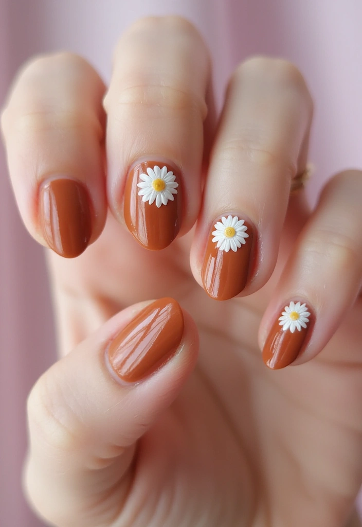 26 Warm Earth-Tone Nail Ideas for a November Reset - 9. Cinnamon Brown and White Daisies