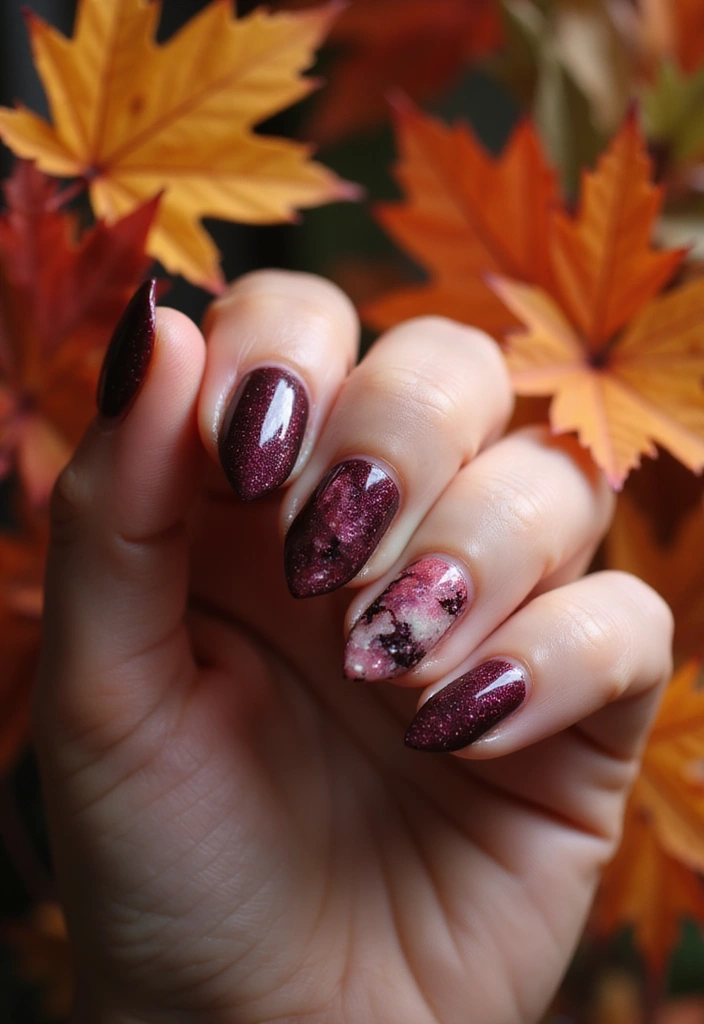 27 Berry Glazed Nail Ideas for October Nights - 12. Berry and Marble Mix