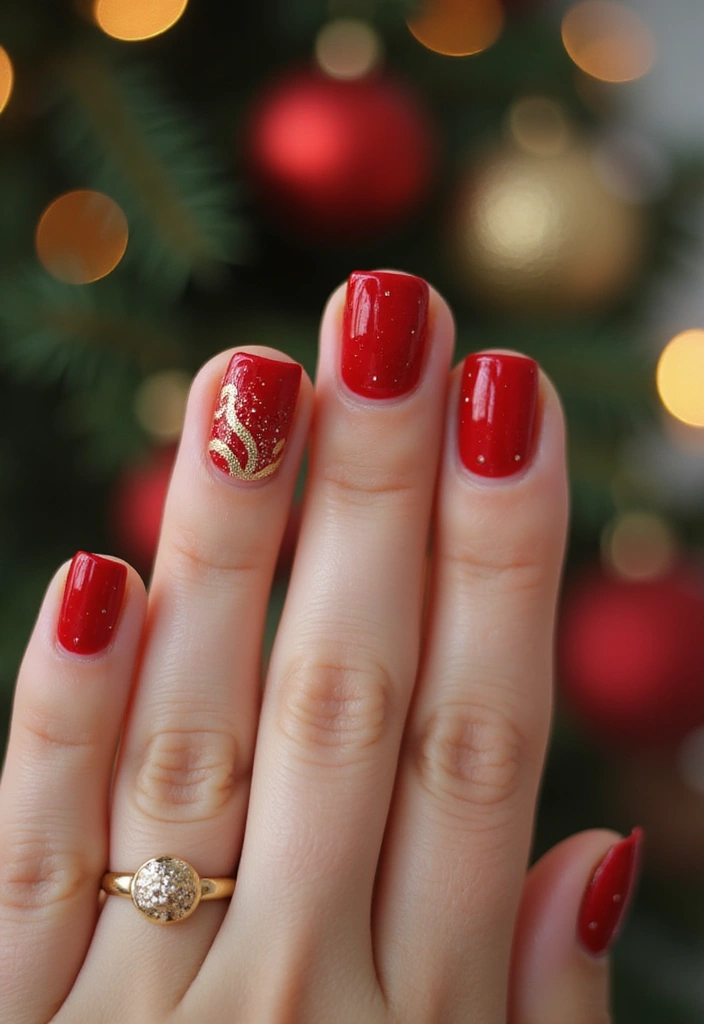 27 Festive Bow & Gold Accent Nails for Holidays - 1. Classic Red with Gold Accents