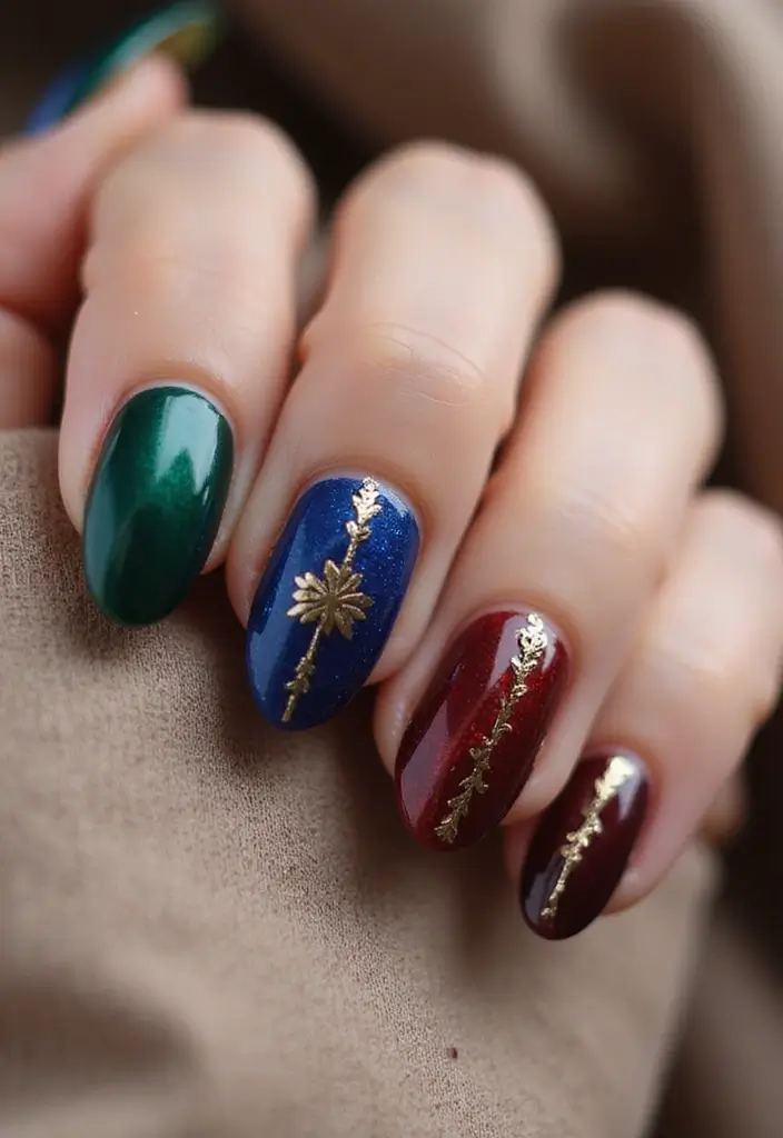 27 Festive Bow & Gold Accent Nails for Holidays - 11. Jewel Tones with Gold Foil
