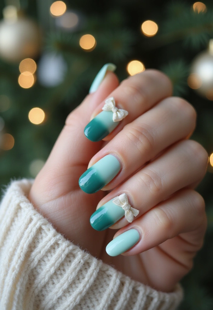27 Festive Bow & Gold Accent Nails for Holidays - 12. Ombre Effect with Bows