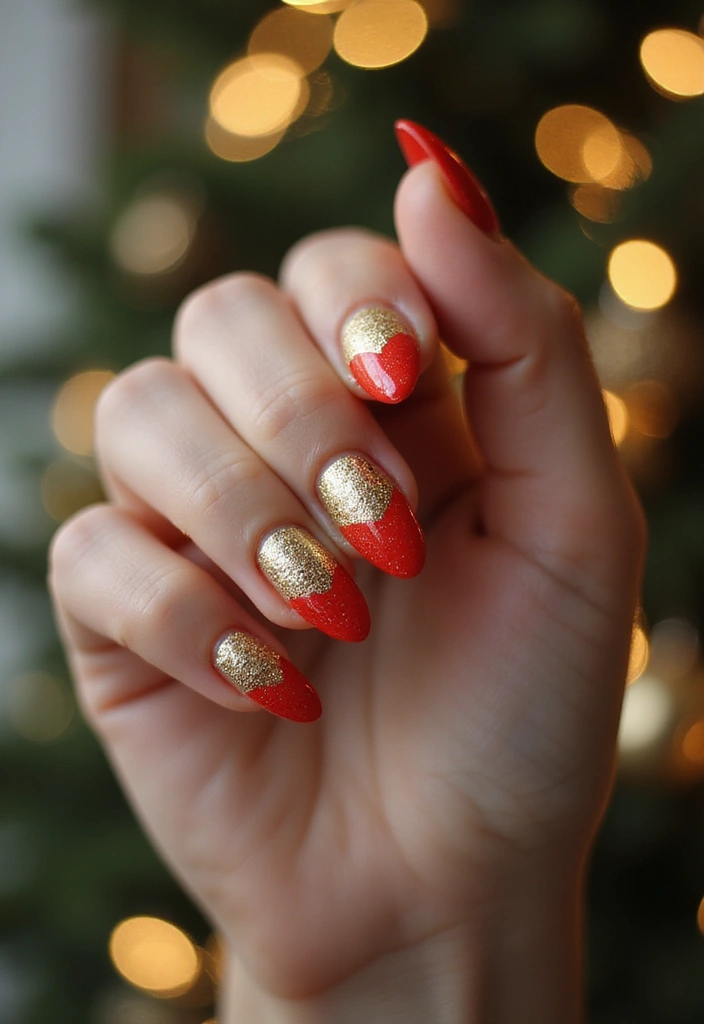 27 Festive Bow & Gold Accent Nails for Holidays - 13. Textured Gold with Red Tips