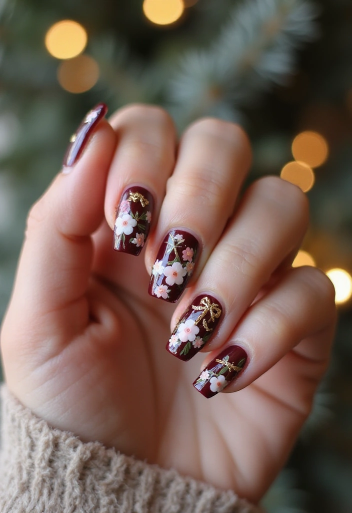 27 Festive Bow & Gold Accent Nails for Holidays - 14. Holiday Floral Designs with Bows