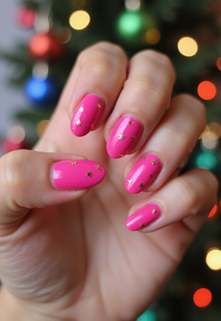 27 Festive Bow & Gold Accent Nails for Holidays - 15. Bright Pink with Gold Stars
