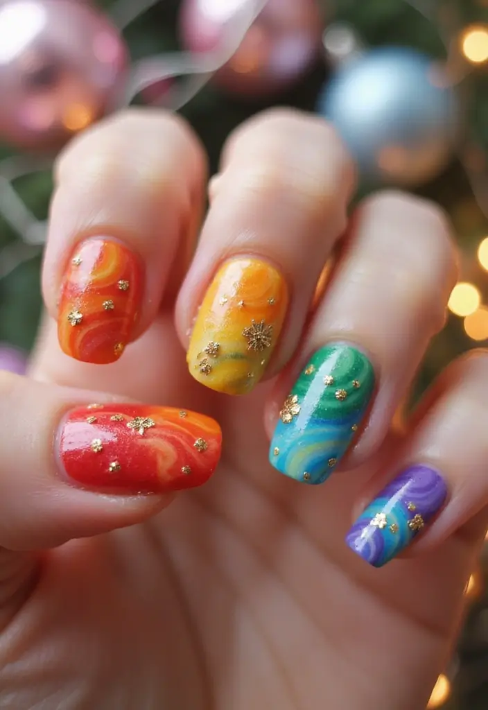 27 Festive Bow & Gold Accent Nails for Holidays - 17. Whimsical Rainbow with Gold