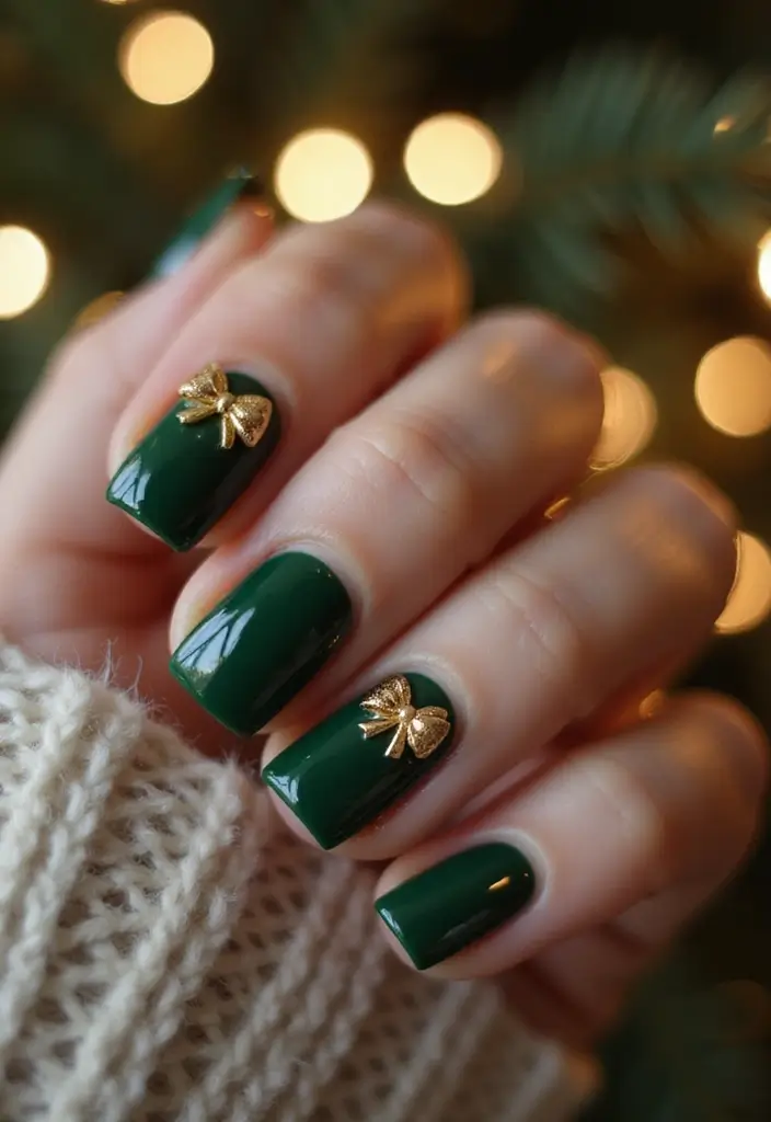 27 Festive Bow & Gold Accent Nails for Holidays - 2. Festive Green and Bow Nail Art