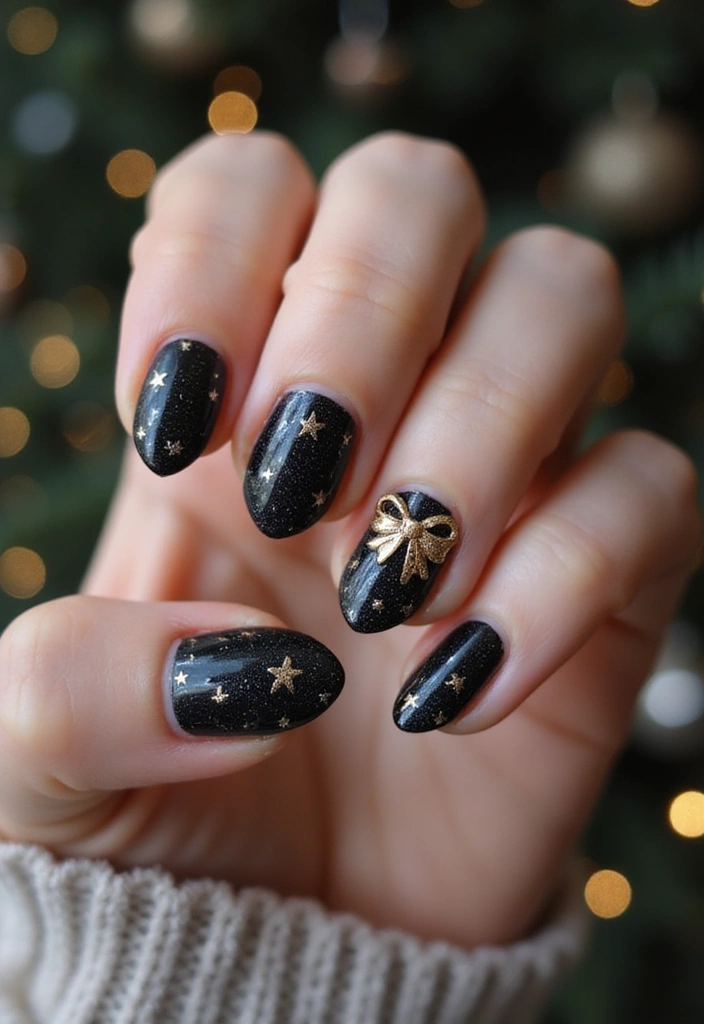 27 Festive Bow & Gold Accent Nails for Holidays - 20. Starry Night with Bows