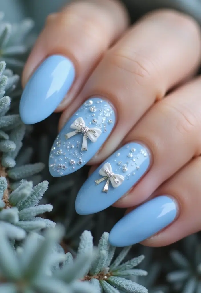 27 Festive Bow & Gold Accent Nails for Holidays - 21. Frosty Blue with Bow Design