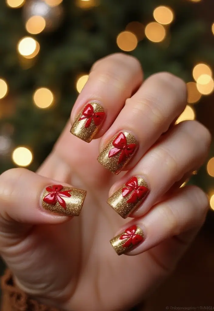 27 Festive Bow & Gold Accent Nails for Holidays - 23. Golden Glitter with Red Bows