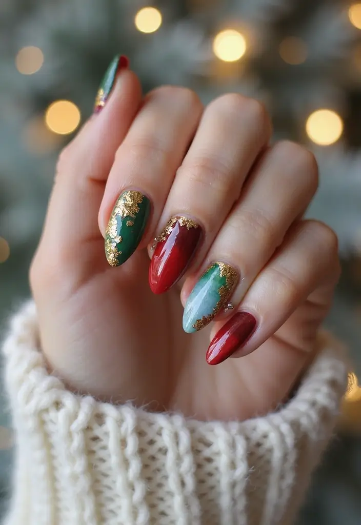 27 Festive Bow & Gold Accent Nails for Holidays - 24. Artistic Watercolor with Gold Details