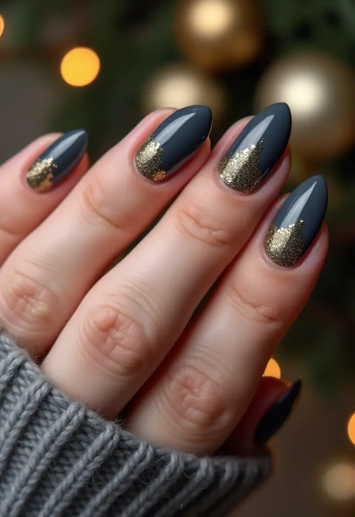 27 Festive Bow & Gold Accent Nails for Holidays - 25. Charcoal Gray with Gold Glitter
