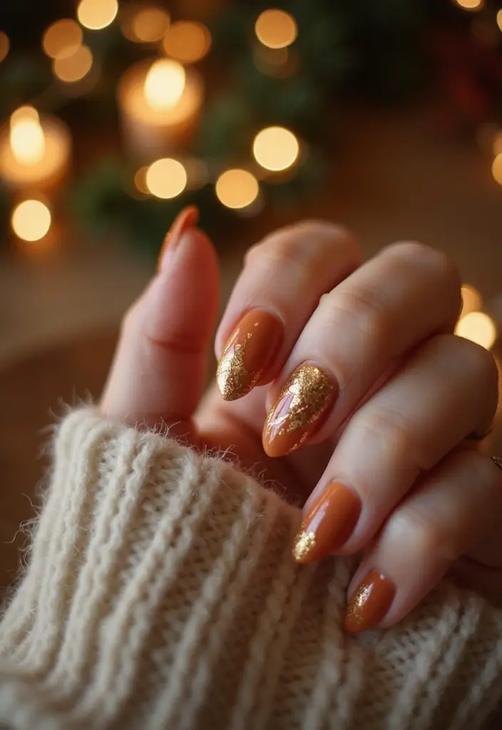 27 Festive Bow & Gold Accent Nails for Holidays - 26. Warm Tones with Gold Leaf