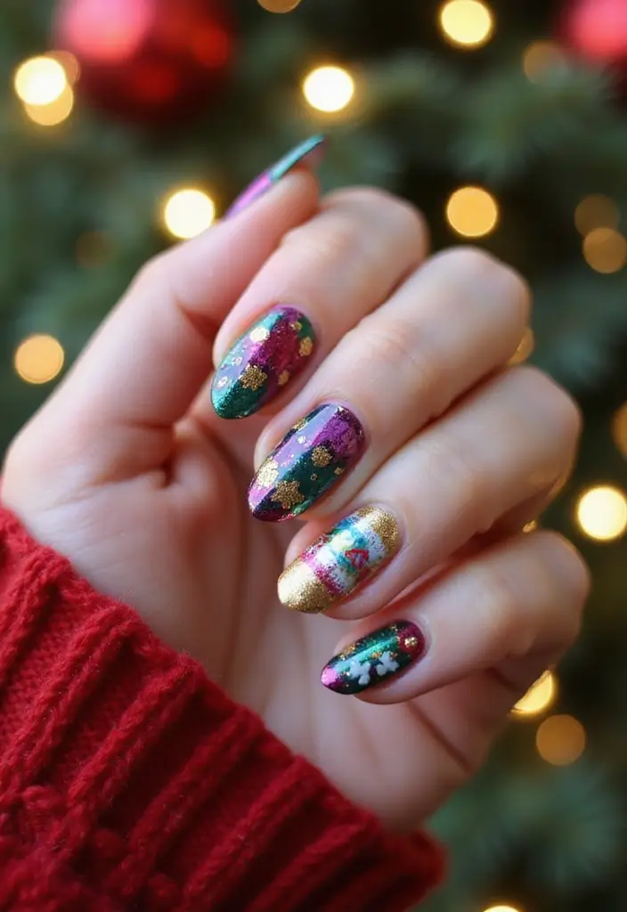 27 Festive Bow & Gold Accent Nails for Holidays - 27. Multi-Color Festive Nails