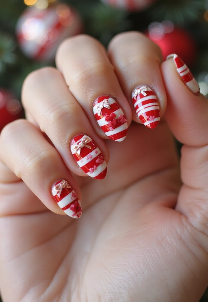 27 Festive Bow & Gold Accent Nails for Holidays - 4. Candy Cane Stripes and Bows