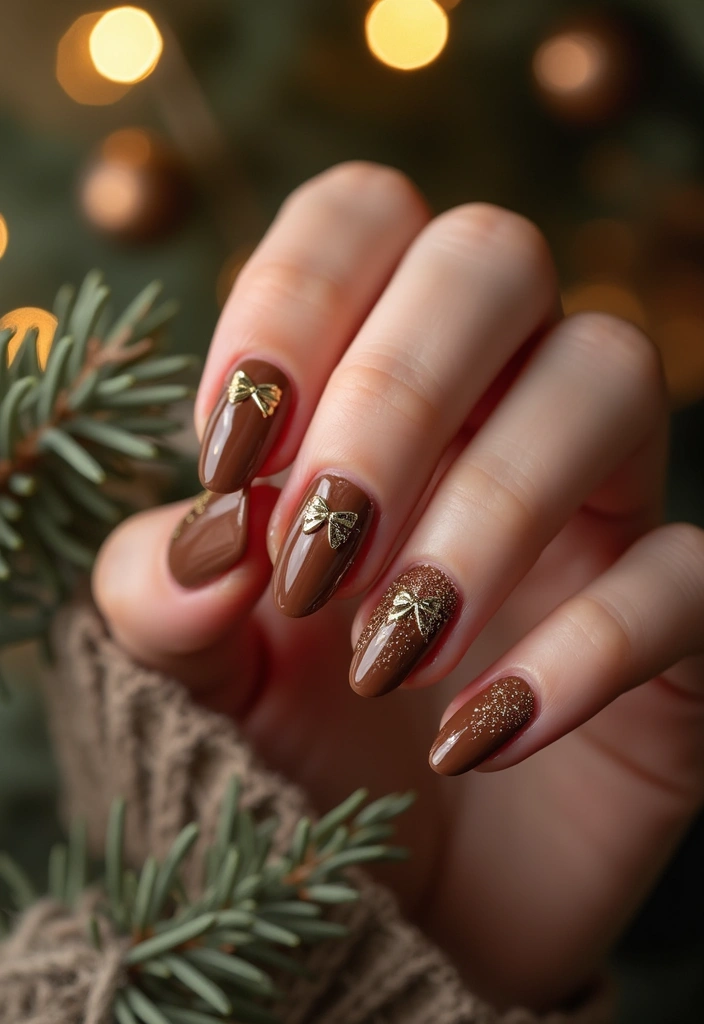 27 Festive Bow & Gold Accent Nails for Holidays - 6. Rustic Brown with Festive Bow