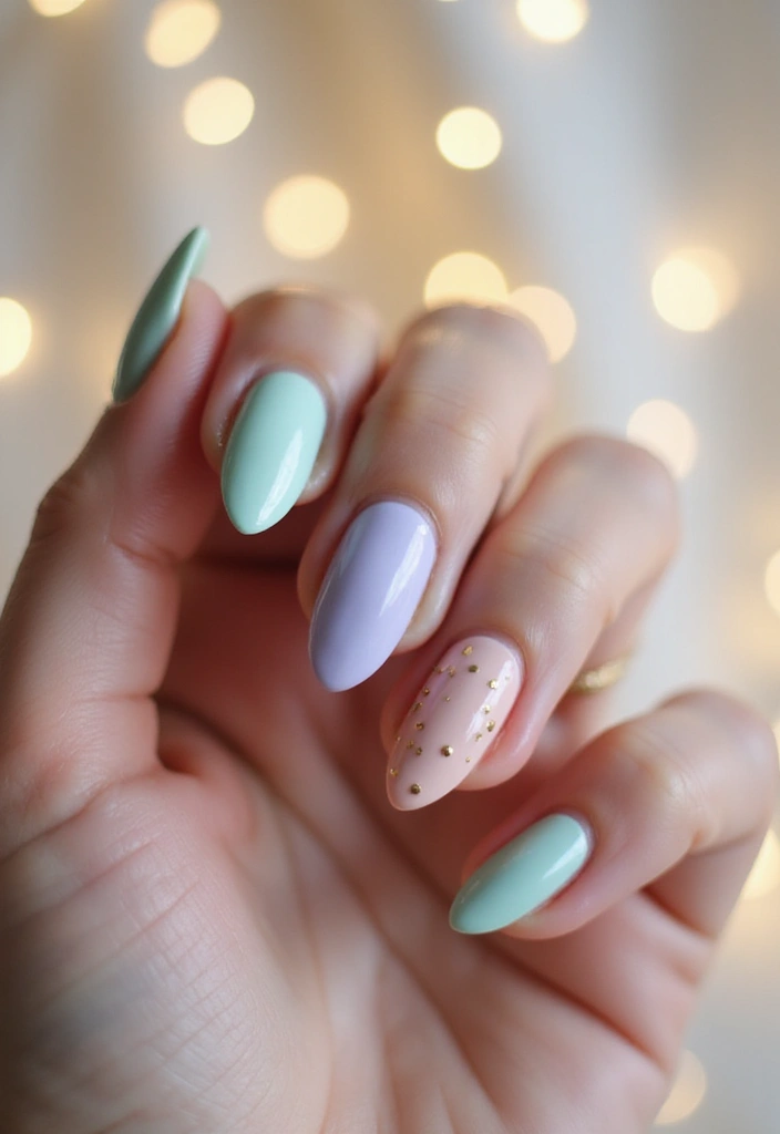 27 Festive Bow & Gold Accent Nails for Holidays - 8. Pastel Hues with Gold Dots