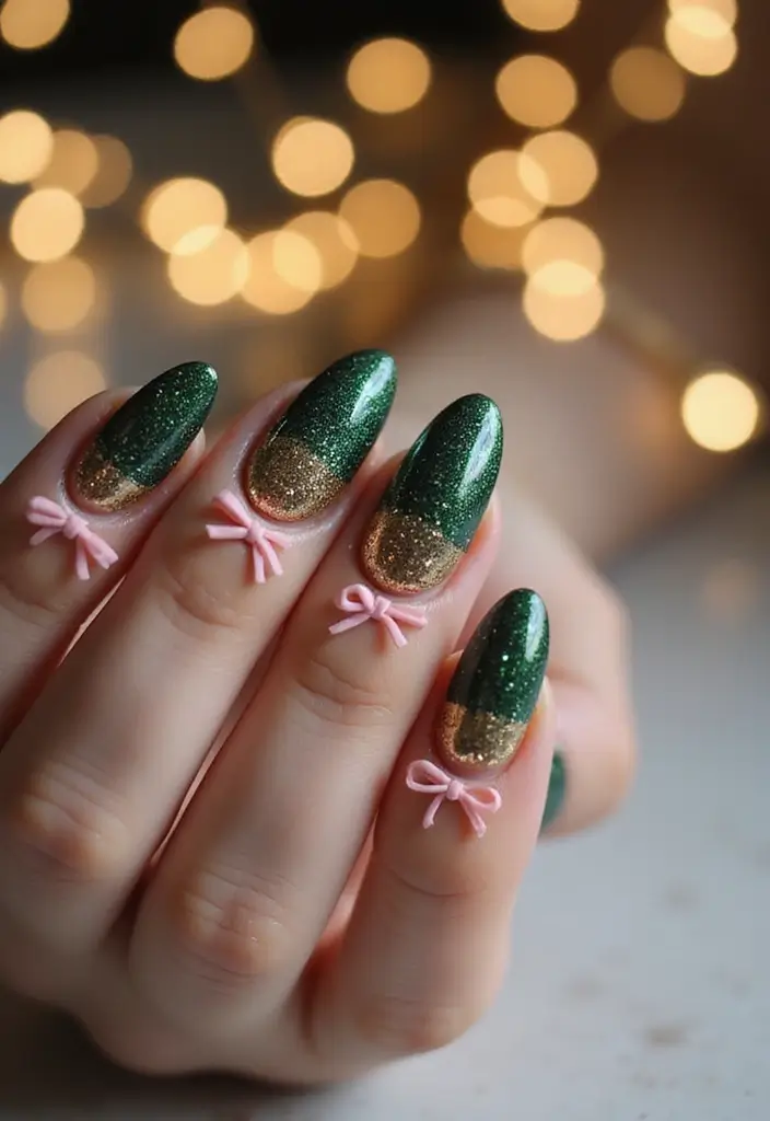 27 Festive Bow & Gold Accent Nails for Holidays - 9. Glitter Gradient with Bows