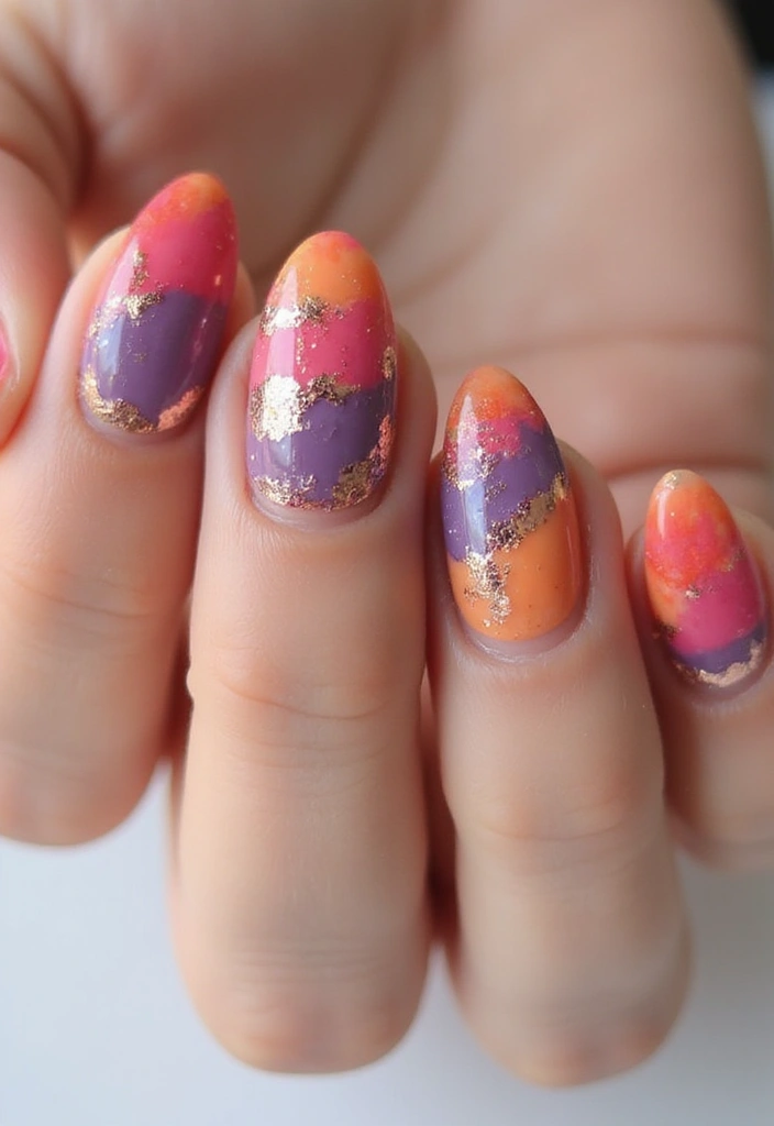 27 Squoval Sunset Swirl Nails for a Chic Touch - 14. Sunset Foil Accents
