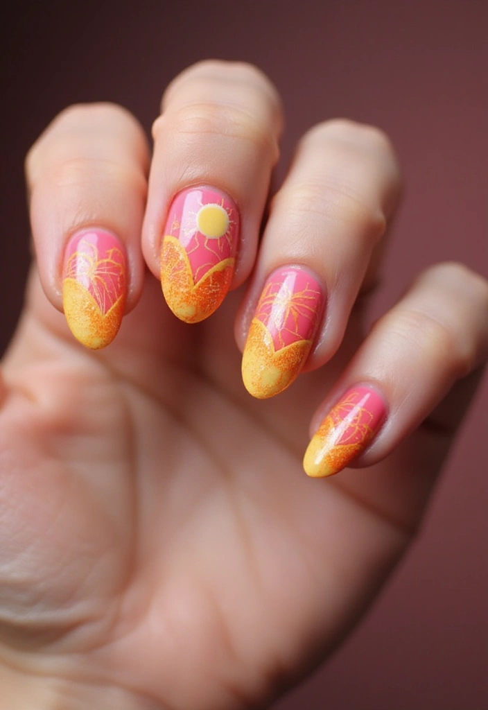 27 Squoval Sunset Swirl Nails for a Chic Touch - 16. Sunset Geometric Patterns