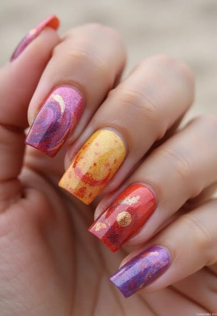 27 Squoval Sunset Swirl Nails for a Chic Touch - 2. Tropical Sunset Vibes