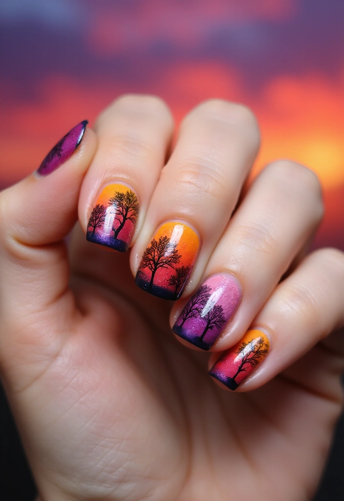 27 Squoval Sunset Swirl Nails for a Chic Touch - 20. Sunset Silhouette