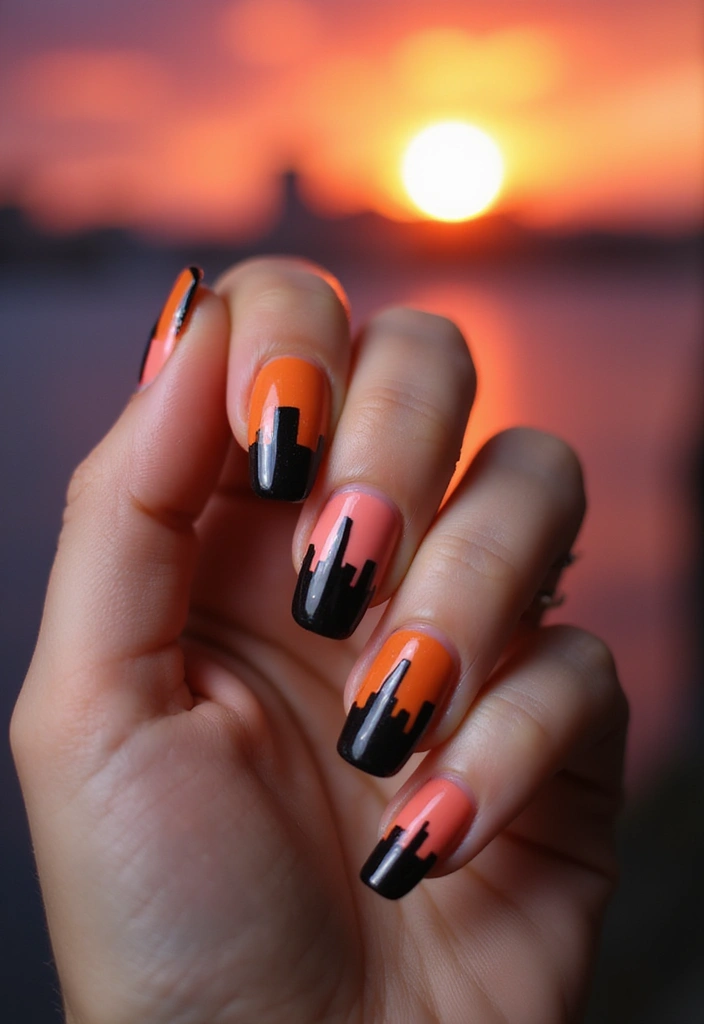 27 Squoval Sunset Swirl Nails for a Chic Touch - 24. Sunset Skyline