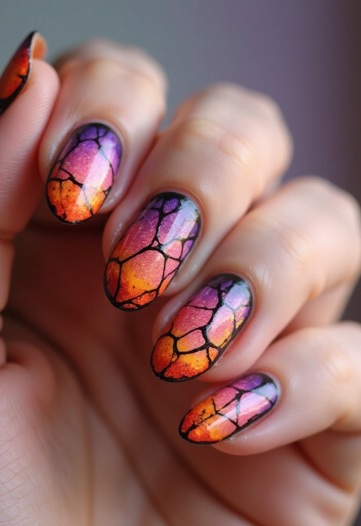 27 Squoval Sunset Swirl Nails for a Chic Touch - 26. Sunset Stained Glass