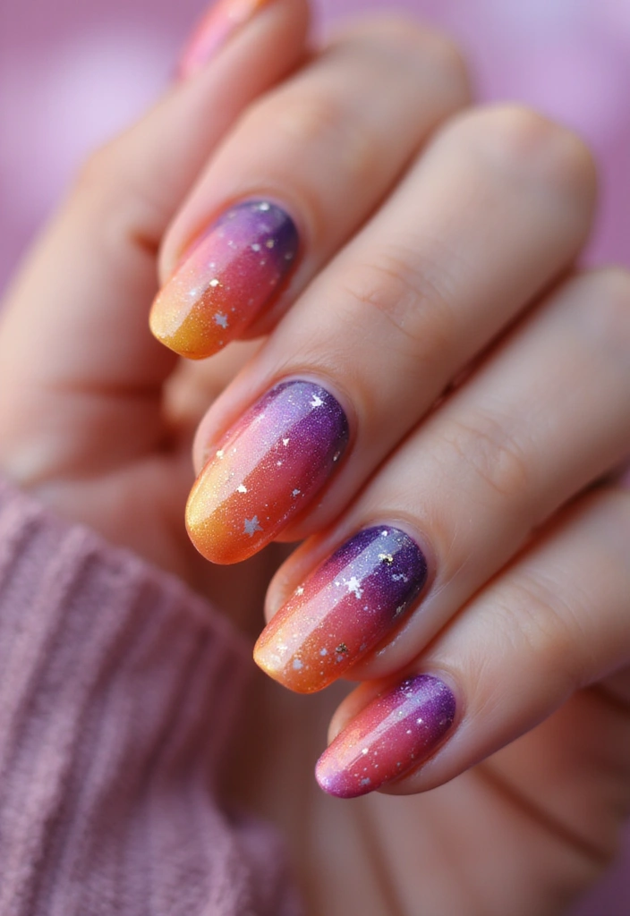 27 Squoval Sunset Swirl Nails for a Chic Touch - 27. Sunset Galaxy