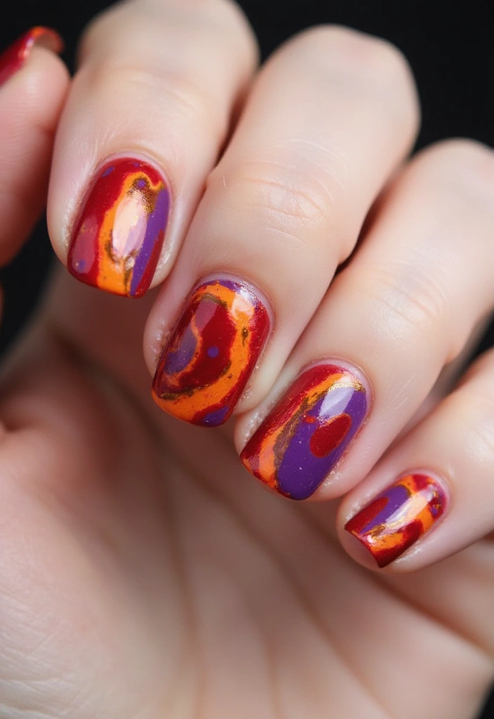 27 Squoval Sunset Swirl Nails for a Chic Touch - 5. Bold Sunset Strokes