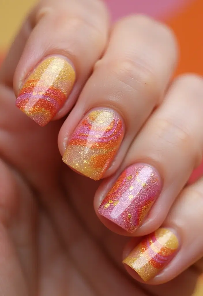 27 Squoval Sunset Swirl Nails for a Chic Touch - 6. Glittering Sunset Swirls