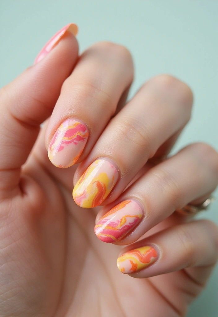 27 Squoval Sunset Swirl Nails for a Chic Touch - 7. Sunset Marble Effect