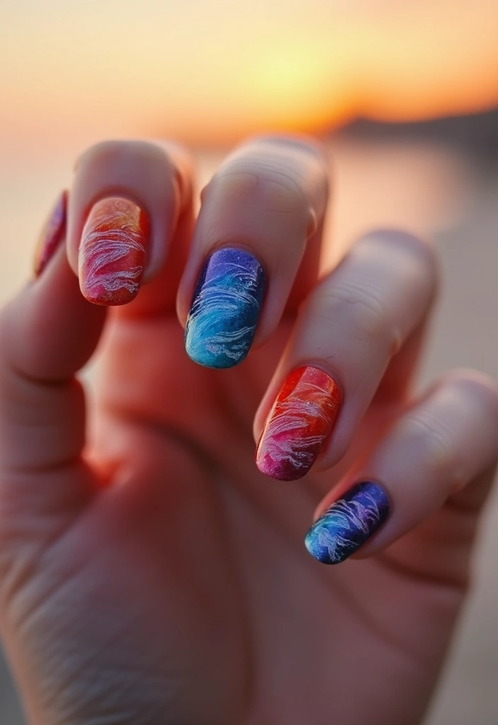 27 Squoval Sunset Swirl Nails for a Chic Touch - 8. Sunset Waves