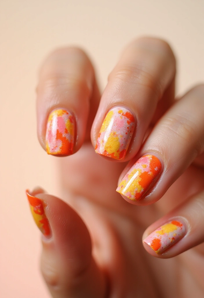 27 Squoval Sunset Swirl Nails for a Chic Touch - 9. Sunset Splatter Art