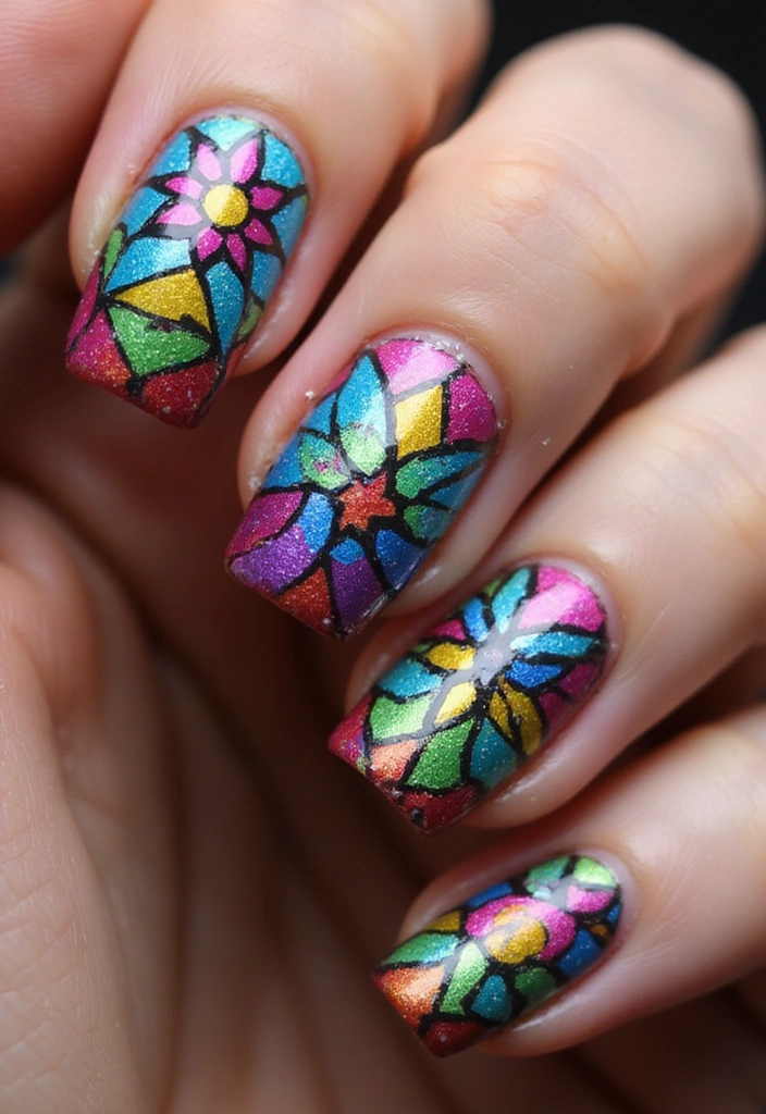 28 Easy Glazed Finish Tutorials for Shiny Nails - 16. Stained Glass Effect