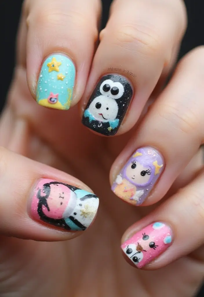 28 Easy Glazed Finish Tutorials for Shiny Nails - 19. Whimsical Character Nails