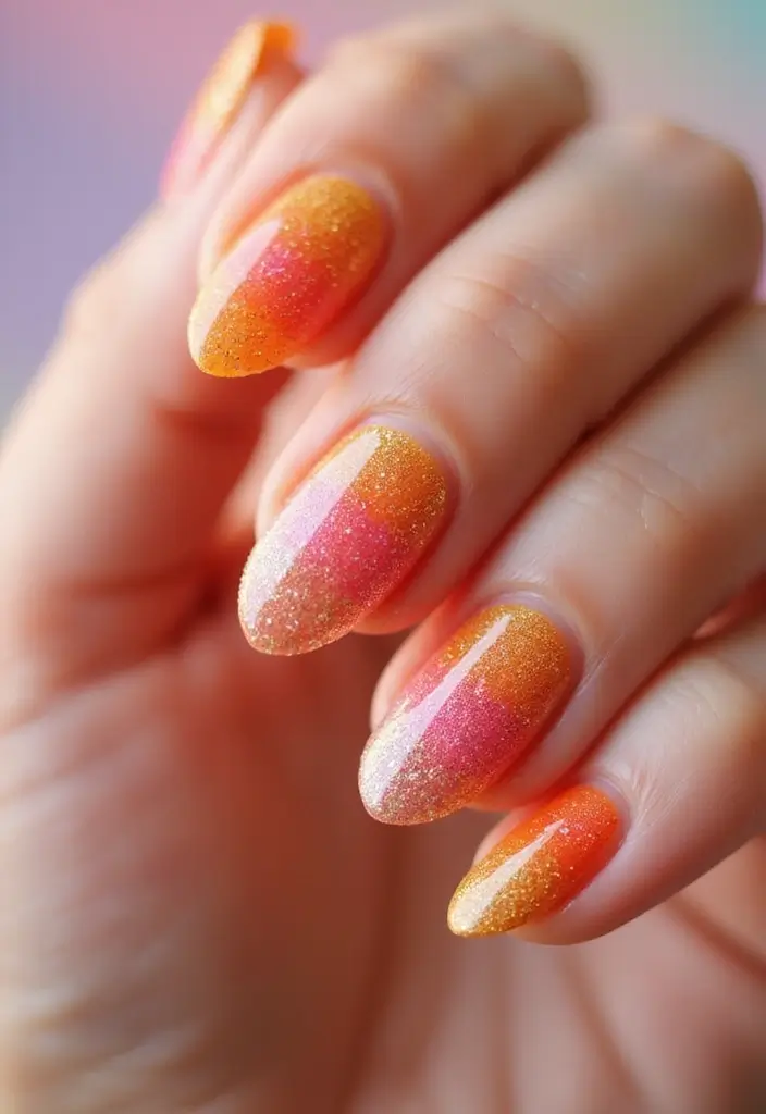 28 Gorgeous Summer Ombre Nails to Copy Now - 16. Summer Sunset Glitter