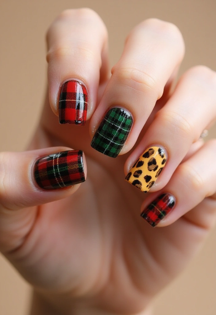 28 Plaid Nail Art Styles to Bring Sweater Weather Vibes - 16. Animal Print Meets Plaid