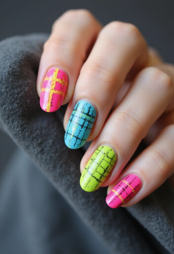28 Plaid Nail Art Styles to Bring Sweater Weather Vibes - 19. Neon Plaid
