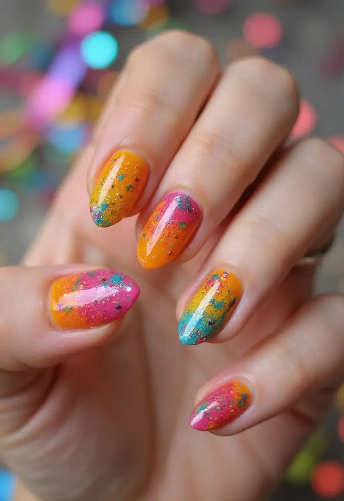 28 Rounded Jelly Amber Nails That Pop - 16. Rainbow Splashes