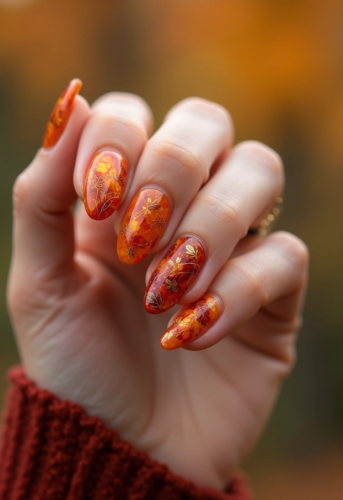 28 Rounded Jelly Amber Nails That Pop - 19. Seasonal Leaves