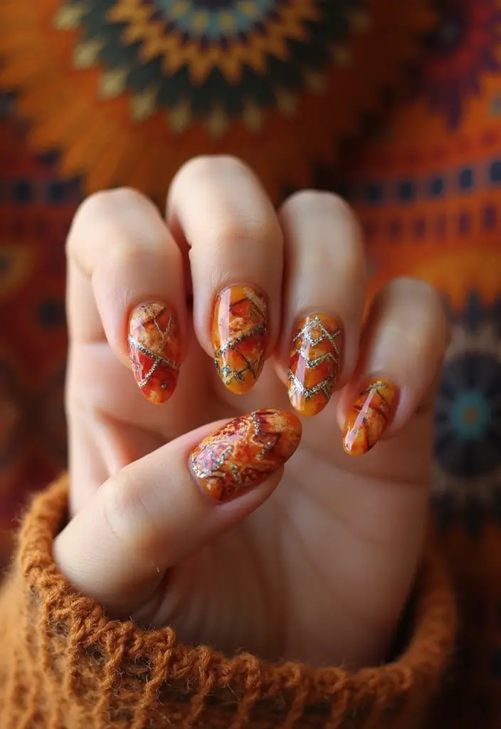 28 Rounded Jelly Amber Nails That Pop - 23. Tribal Patterns