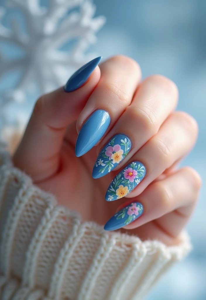 28 Sapphire Blue Nails for a Cool Winter Statement - 12. Sapphire Blue Floral Designs