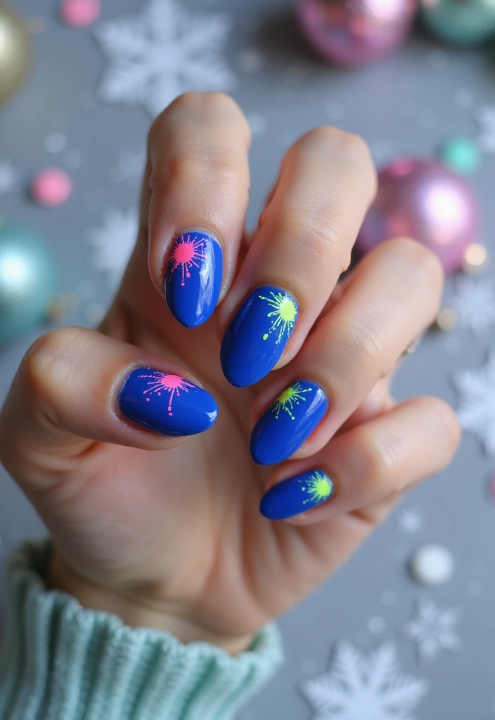 28 Sapphire Blue Nails for a Cool Winter Statement - 20. Sapphire Blue with Neon Splashes
