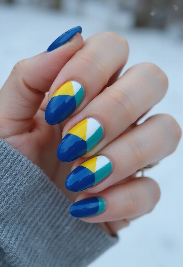 28 Sapphire Blue Nails for a Cool Winter Statement - 27. Sapphire Blue with Color Block