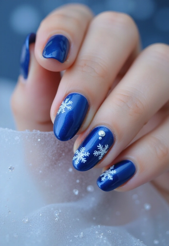 28 Sapphire Blue Nails for a Cool Winter Statement - 4. Sapphire Blue and White Snowflakes