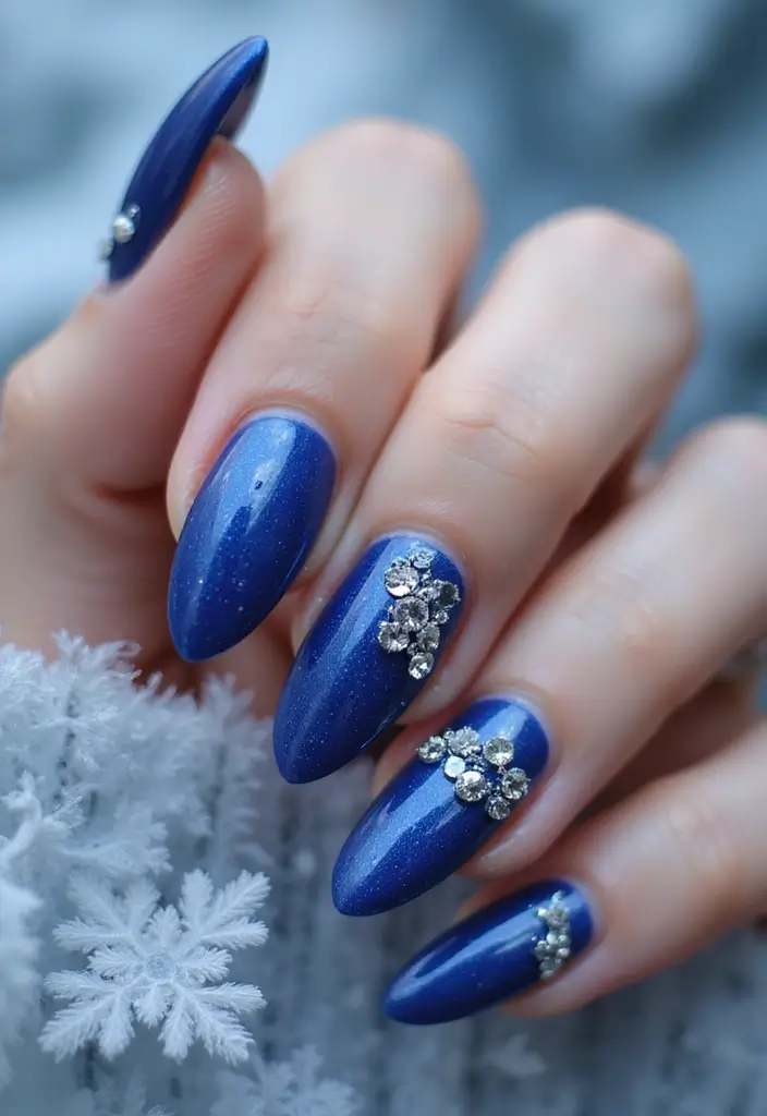 28 Sapphire Blue Nails for a Cool Winter Statement - 8. Sapphire Blue with Rhinestones
