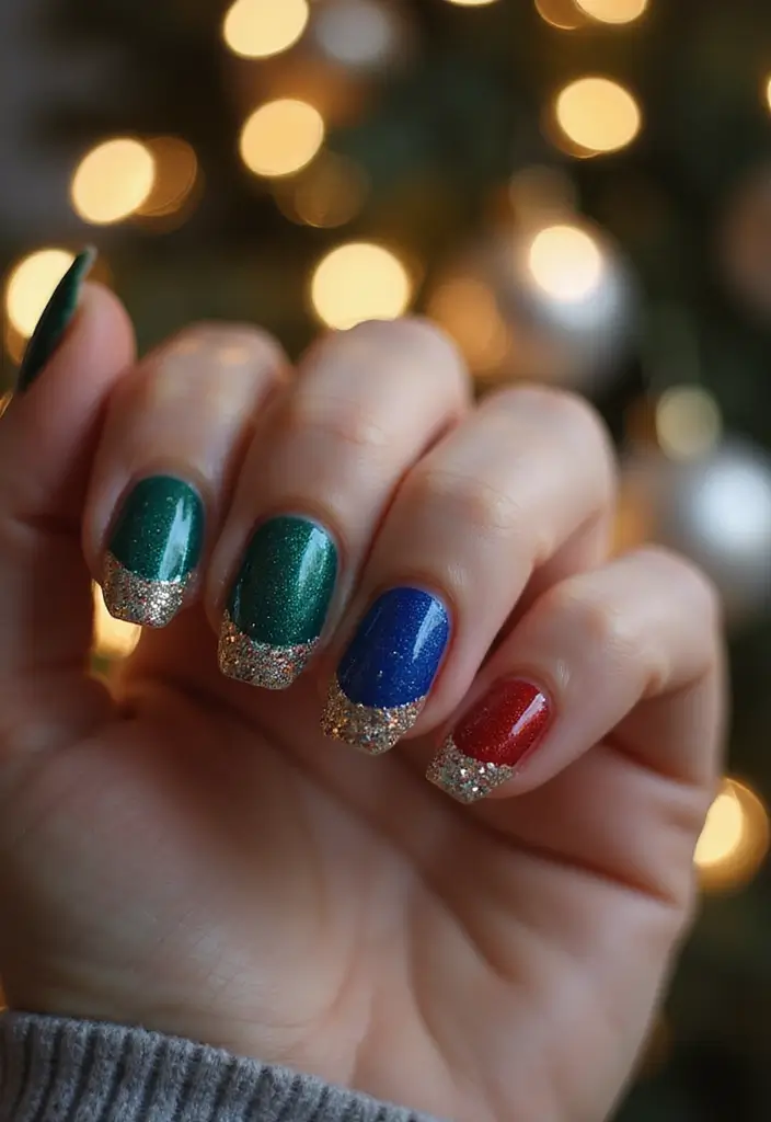 28 Subtle Glitter Nail Ideas for Winter Glam - 12. Jewel Toned Glam
