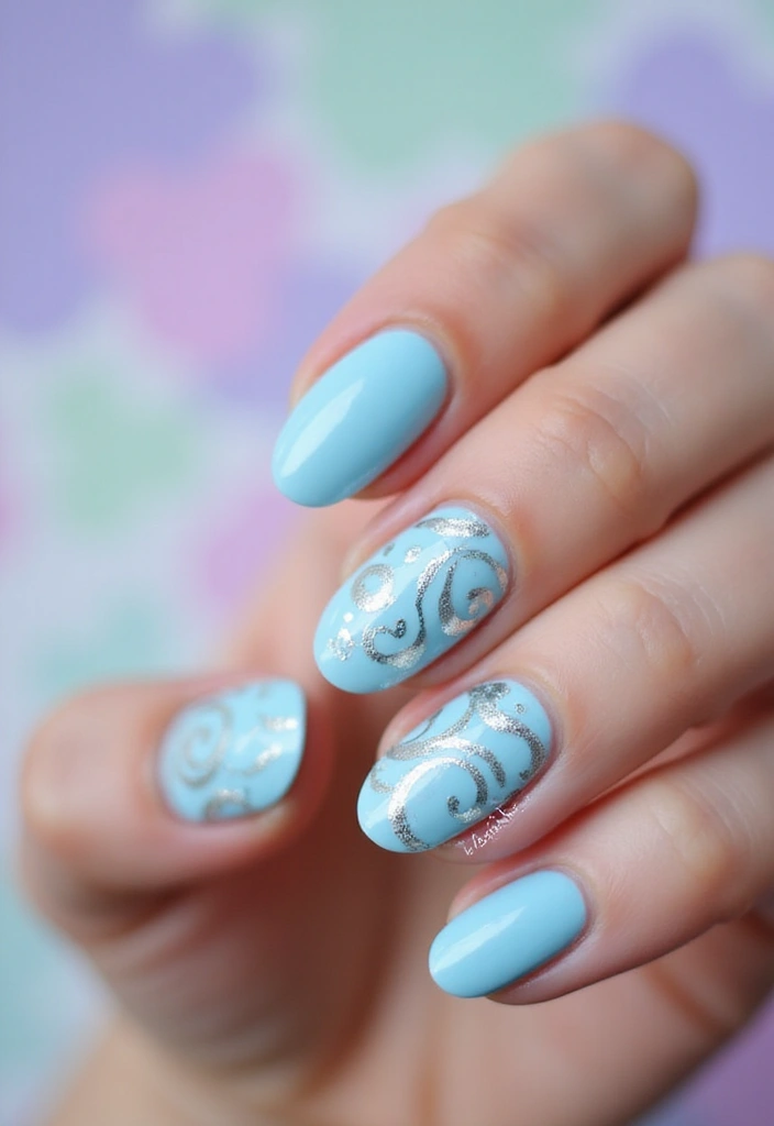 29 Almond Aura Nail Ideas to Try This Season - 17. Silver and Blue Swirls