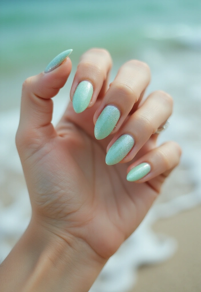 29 Almond Aura Nail Ideas to Try This Season - 18. Shimmering Seafoam